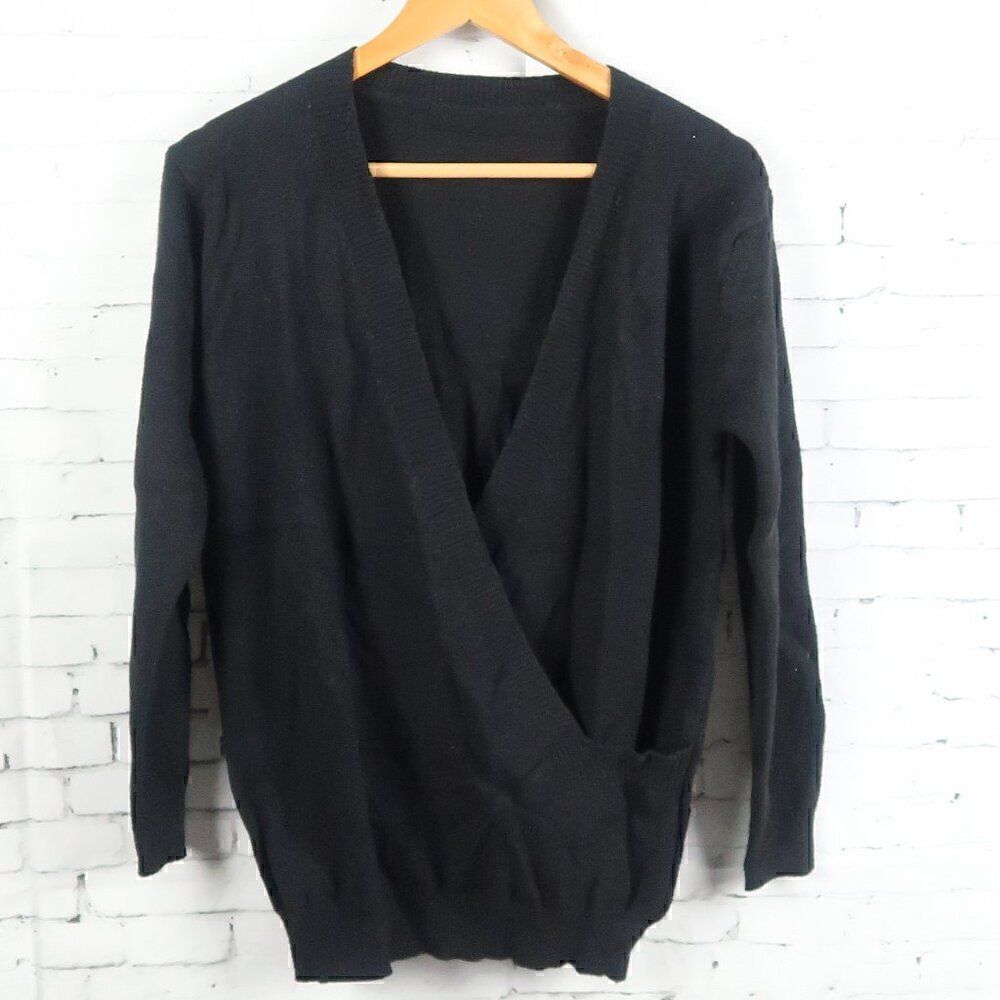 BLACK MOCK WRAP DEEP V NECK LONG SLEEVE SWEATER SIZE SMALL